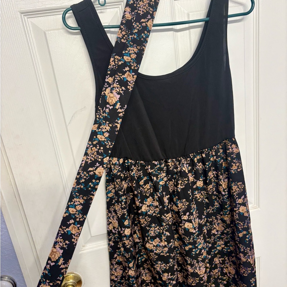 Black and floral tie waist dress